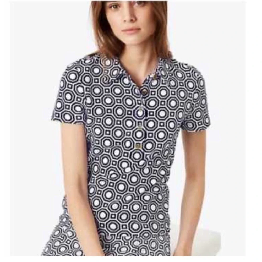 Tory Burch Navy White Geometric Tile Print Terry Polo‎ Shirt Gold Logo Buttons S